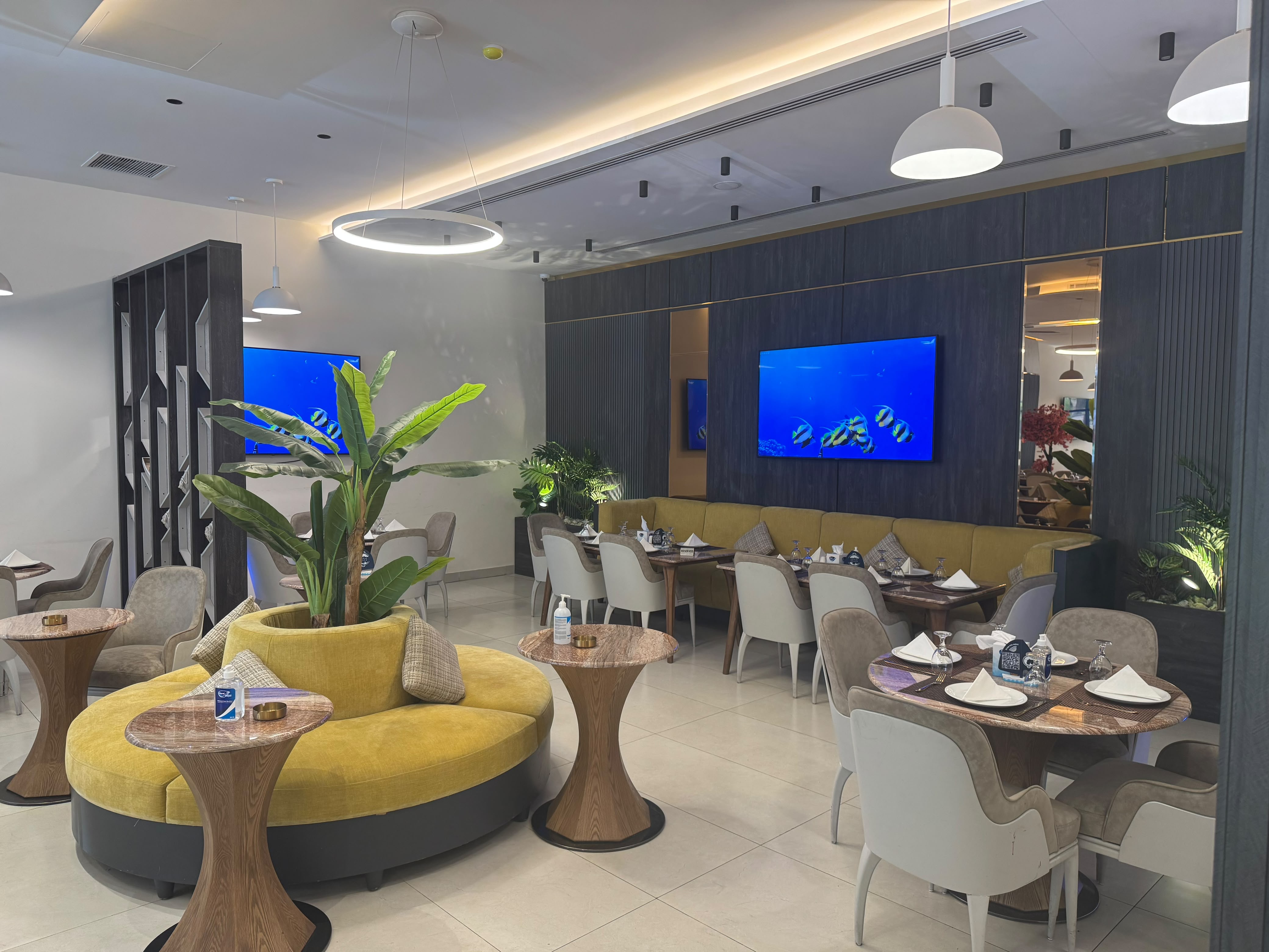 Lounge seating with aquarium screens and greenery