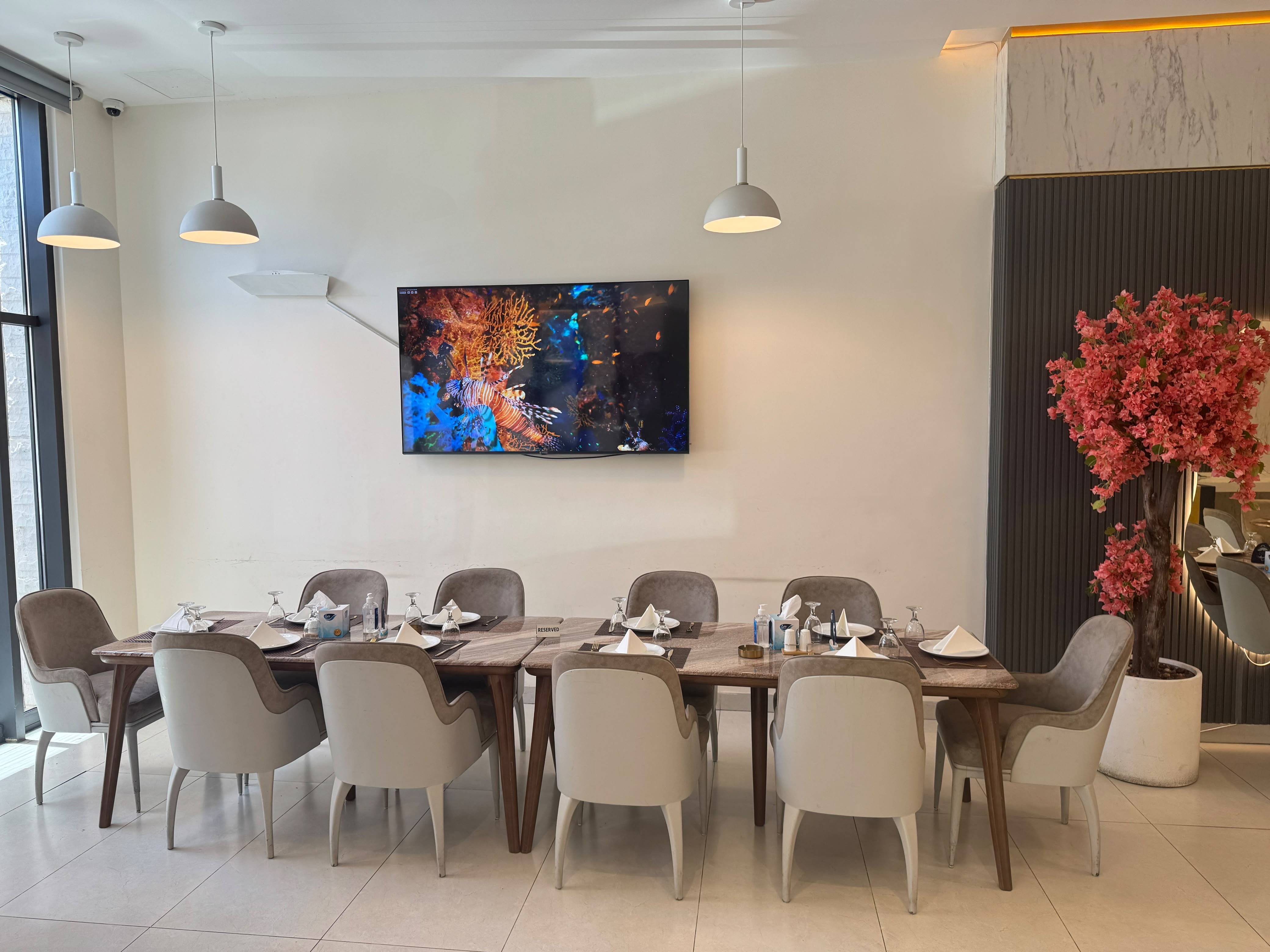 Long private table set beneath a coral-reef screen